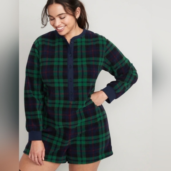 Old Navy Plaid Fleece Romper Navy/Green - Picture 1 of 5